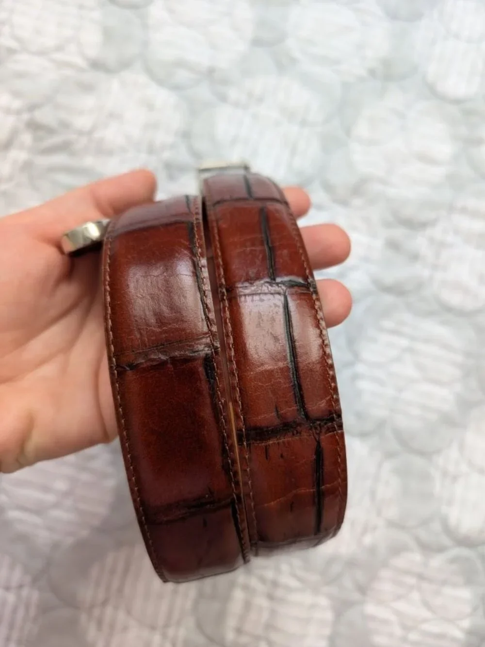 VTG 90s Onyx Brighton Genuine Leather Crocodile Embossed Belt Brass Buckle Sz 34